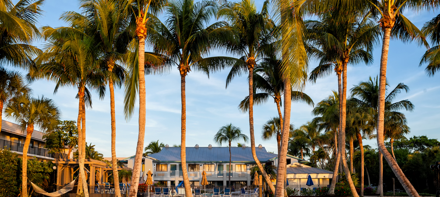 A resort with palm trees in front of it.