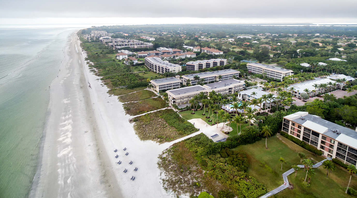 An aerial view of an oceanfront resort.