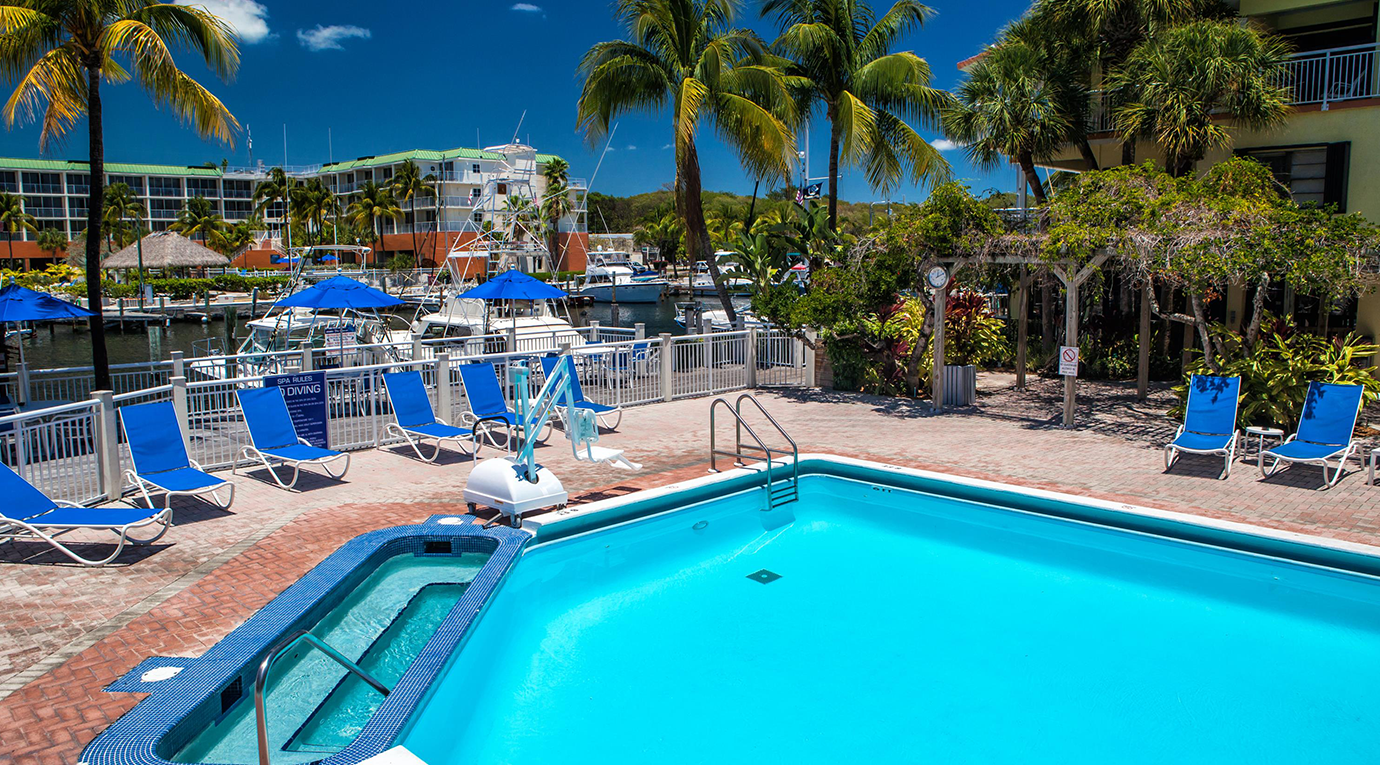 A pool surrounded by lounge chairs and palm trees.