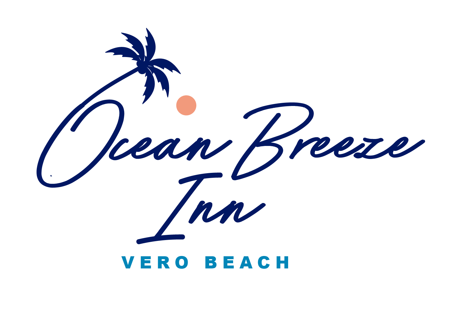 Logo of ocean breeze inn featuring stylized text and a palm tree motif, with 
