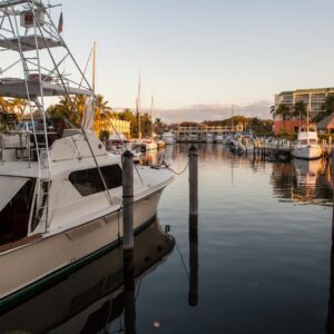 Sunset at a marina, featuring boats moored along calm water with residential buildings in the background.