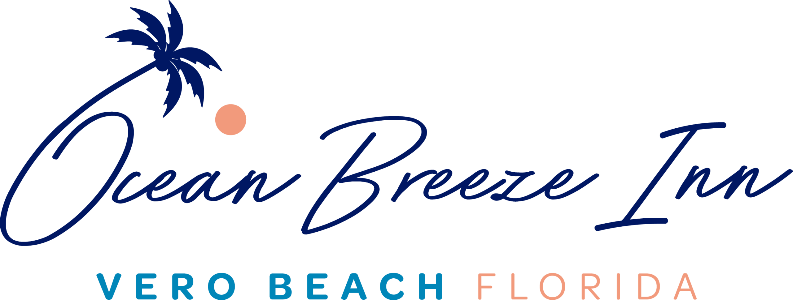 Logo of Ocean Breeze Inn with a blue palm tree and orange sun, featuring the text 
